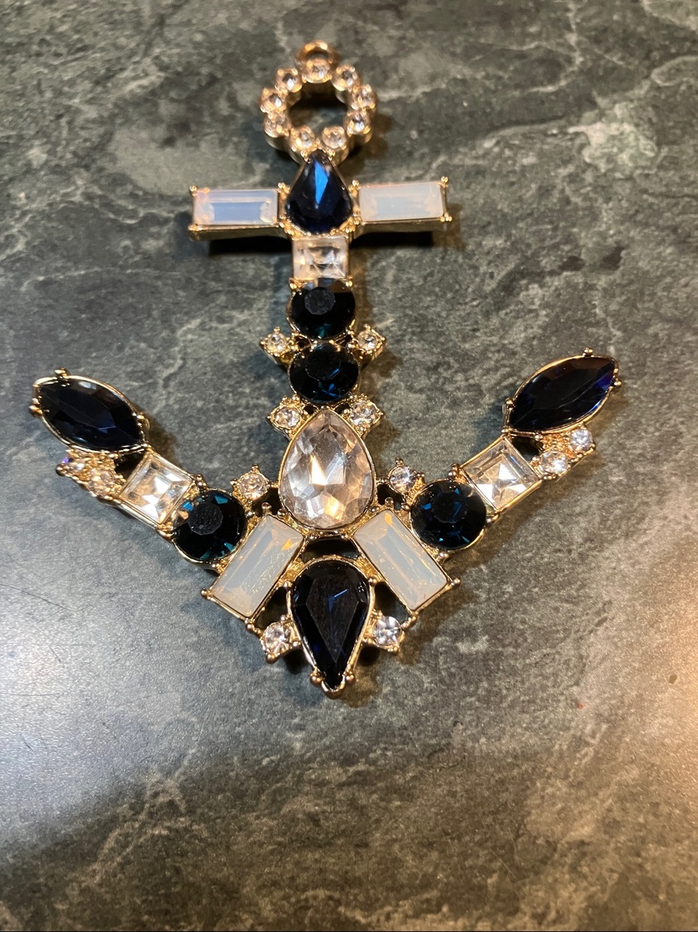 Large Crystal Anchor Pendant Necklace 3.25" Blue White Clear Stones Nautical